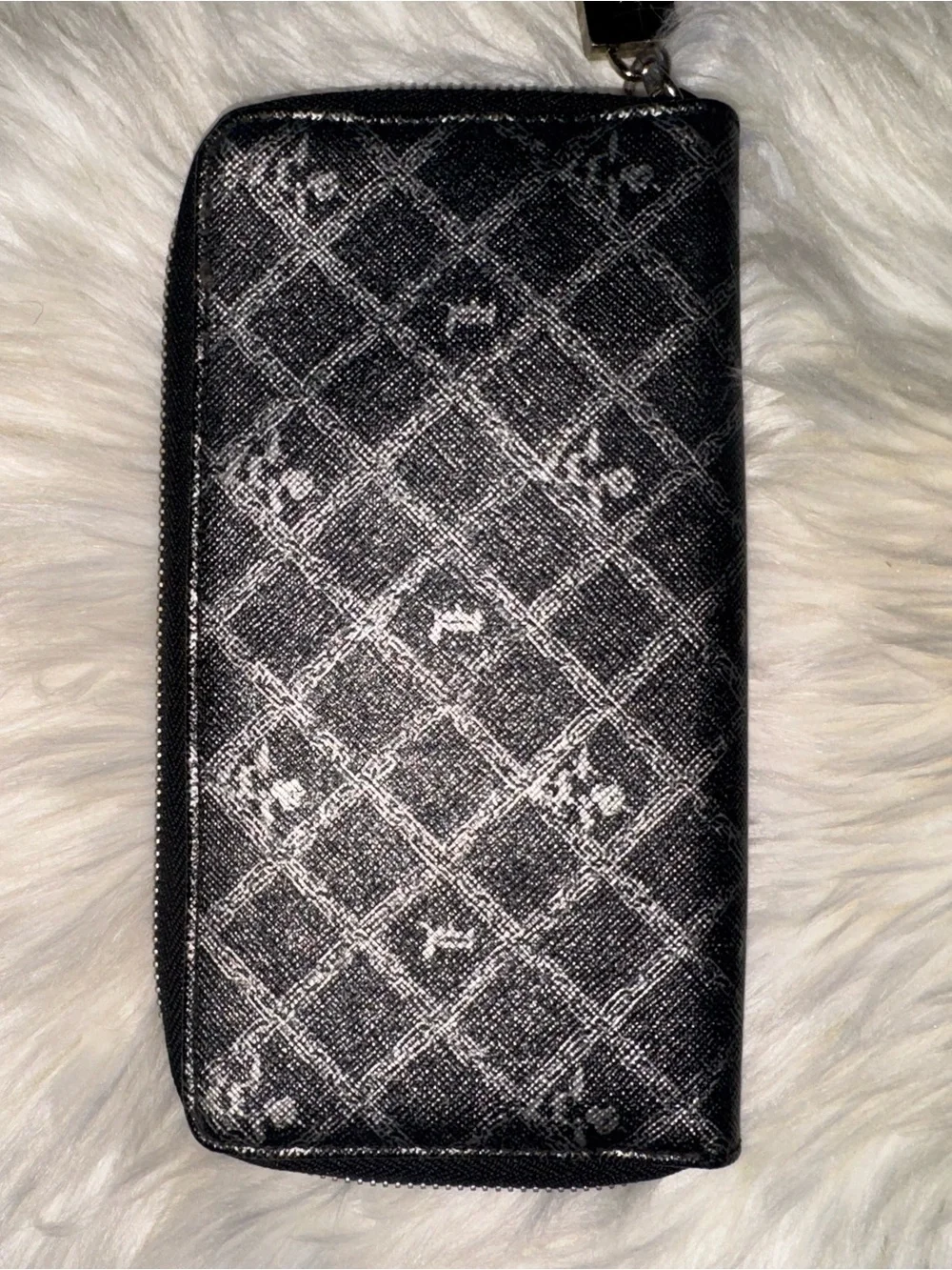 L.A.M.B. Black and Silver Monogram Zip Wallet